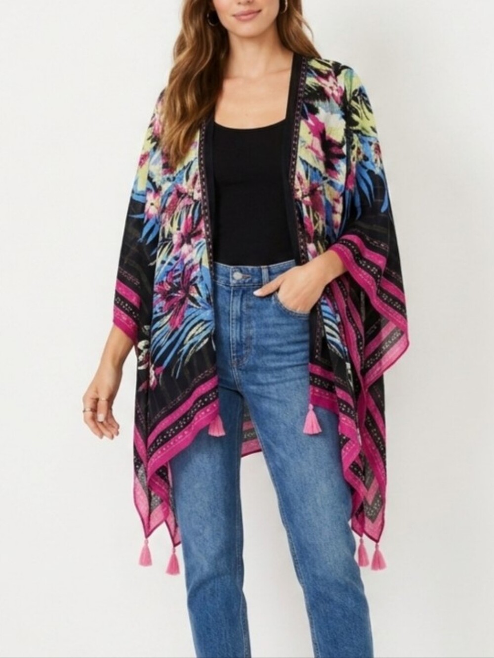 Vince Camuto Floral Shawl with Pink Trim Fringe Tassel Wrap Poncho Cape Scarf